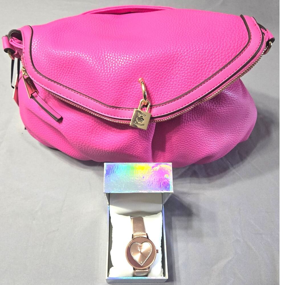 Juicy Couture Hot Pink Foldover Slouchy Crossbody Hobo Bag Watch Set